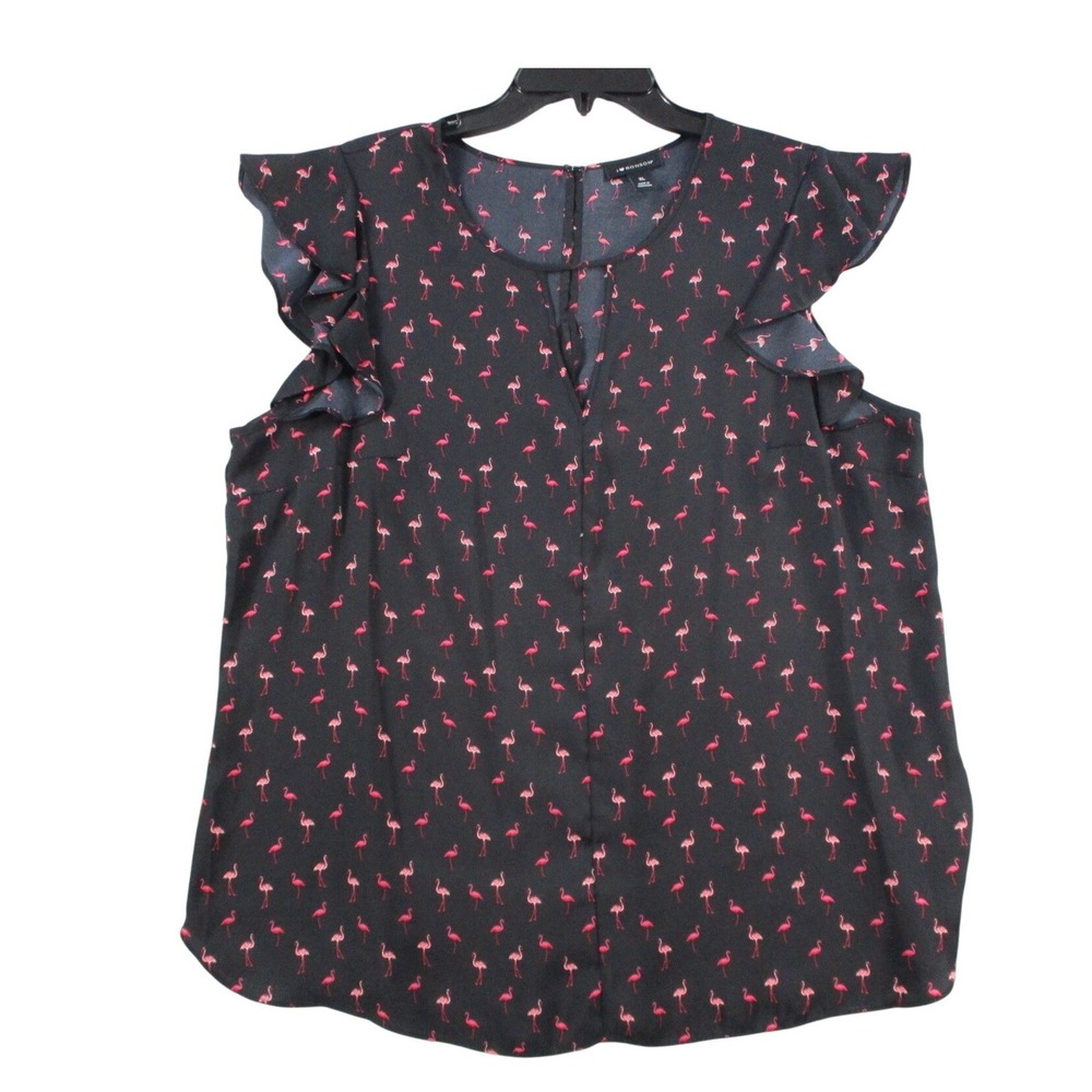 I Heart Ronson Womens XL Black Pink Flamingo Ruffle Sleeve V-Neck Blouse Top